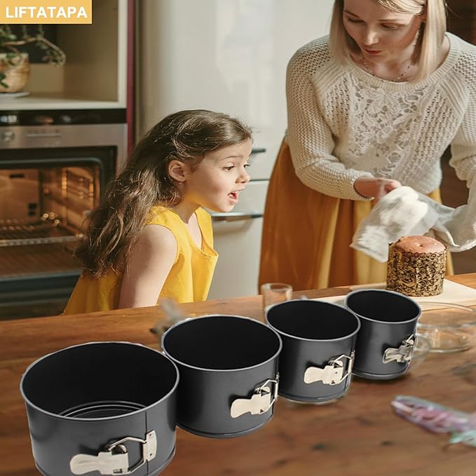 4Pcs Springform Pan (4inch, 5inch, 6inch, 7inch), Non-stick Cake Tin for Baking, Detachable Bottom Carbon Steel Cheesecake Mold Deep Dish Pans Round Cake Molds(Black)