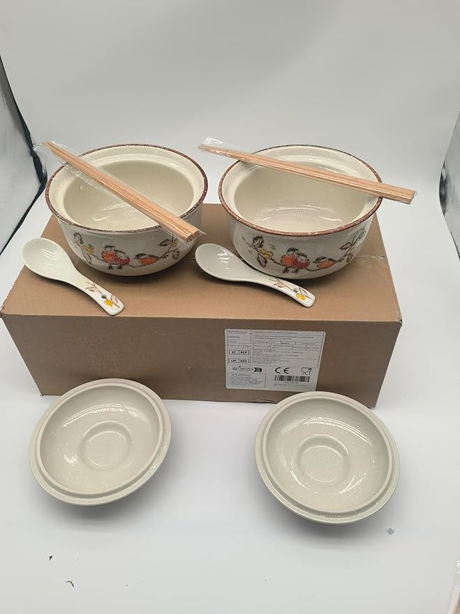 Ceramic Ramen Bowl Set, 800ml, with Lid, Spoon and Chopsticks, Japanese Vintage Large Soup Bowls Instant Noodle Bowl Asian Tableware (Dird*2)