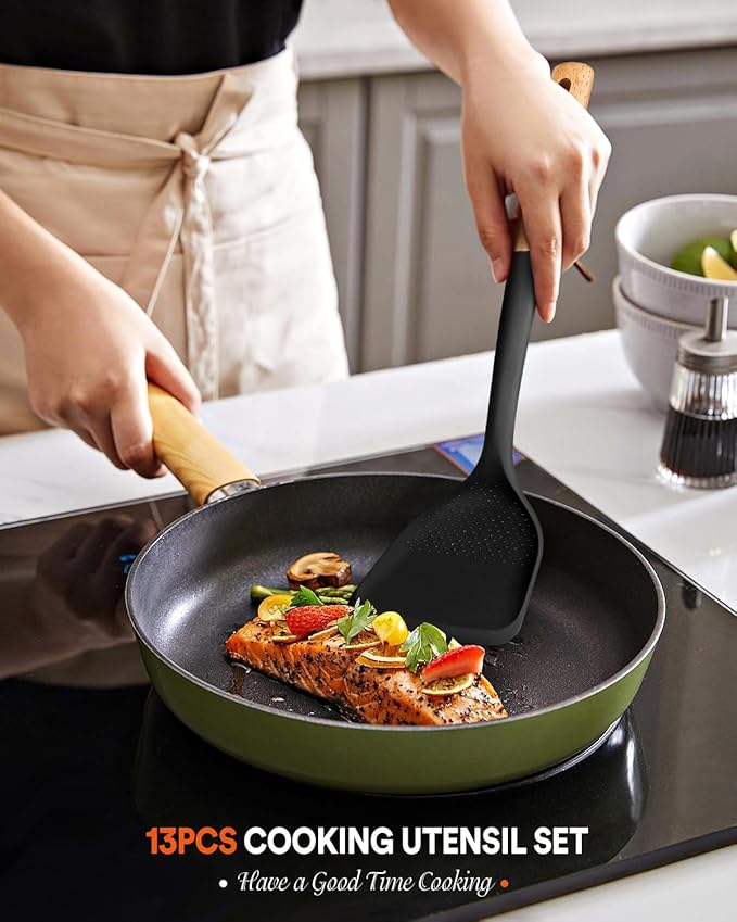 Kitchen Utensils Set, 13PCS Silicone Cooking Utensils, Heat Resistant Kitchen Utensil Spatula Set for Nonstick Cookware, Wooden Handles Kitchen Gadgets Tools Set