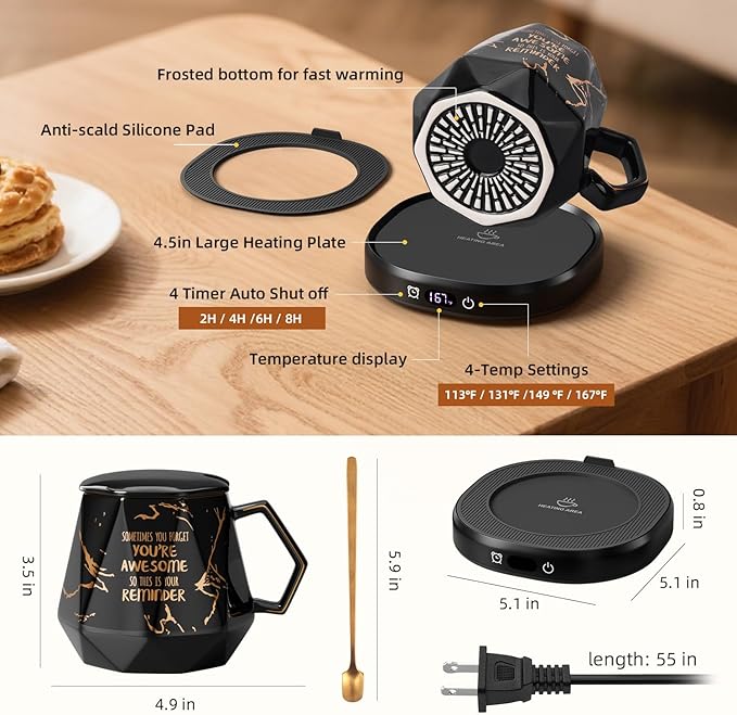 Coffee Mug Warmer & Awesome Diamond Mug Set, 8H Smart Auto Shut Off Electric Coffee Cup Warmer for Desk Office Home, 4 Temperature Setting Candle Heater Tea Beverage Coffee Warmer Plate for Women Men