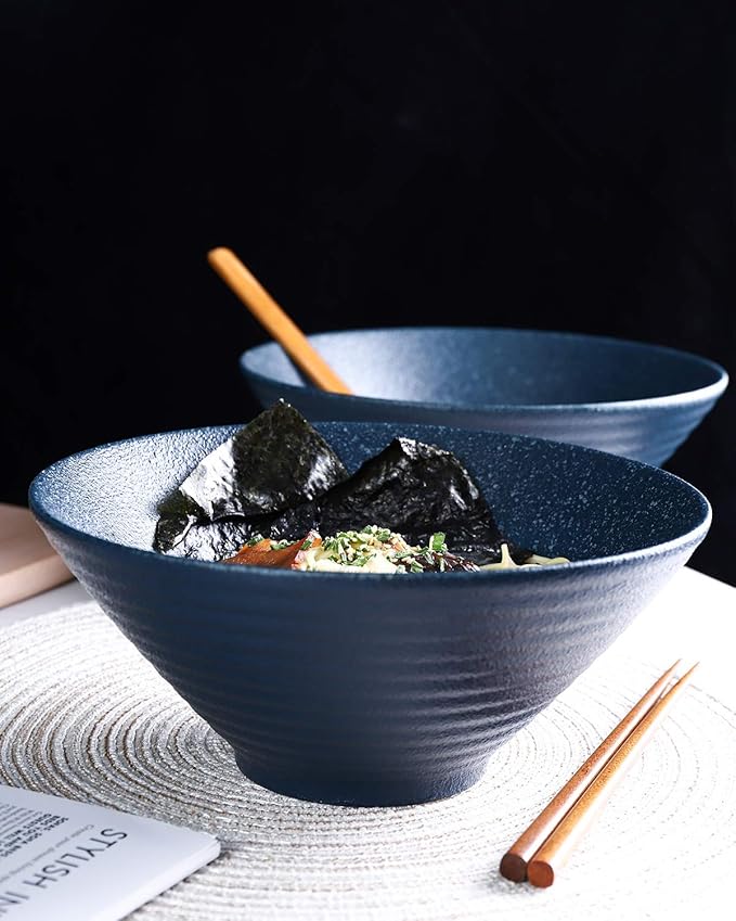 Kanwone Ceramic Japanese Ramen Bowl Set, Noodle Soup Bowls - 60 Ounce, with Matching Spoons and Chopsticks for Udon Soba Pho Asian Noodles, Set of 2, Navy