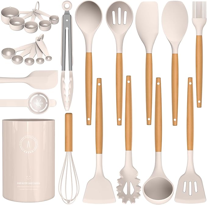 Silicone Cooking Utensils Set - Silicone Kitchen Utensils for Cooking Wooden Handles, 446°F Heat Resistant Kitchen Utensil Spatula Sets w Holder, Gadgets for Non-Stick Cookware BPA FREE (Khaki)