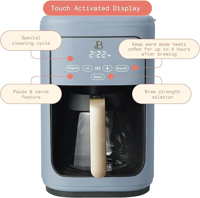 Beautiful 14-Cup Programmable Drip Coffee Maker | Touch-Activated Display, 24-Hr Auto Brew, Reusable Gold-Tone Filter, Charcoal Water Filter, 3 Strengths by Drew Barrymore (Cornflower Blue)