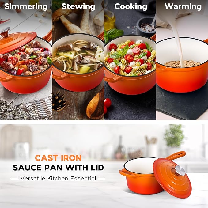 Onader Enameled Cast Iron Sauce Pan Pot, 1QT Saucepan with Lid, Small Enamel Dutch Oven Kitchen Cooking Pot – Sunset Orange