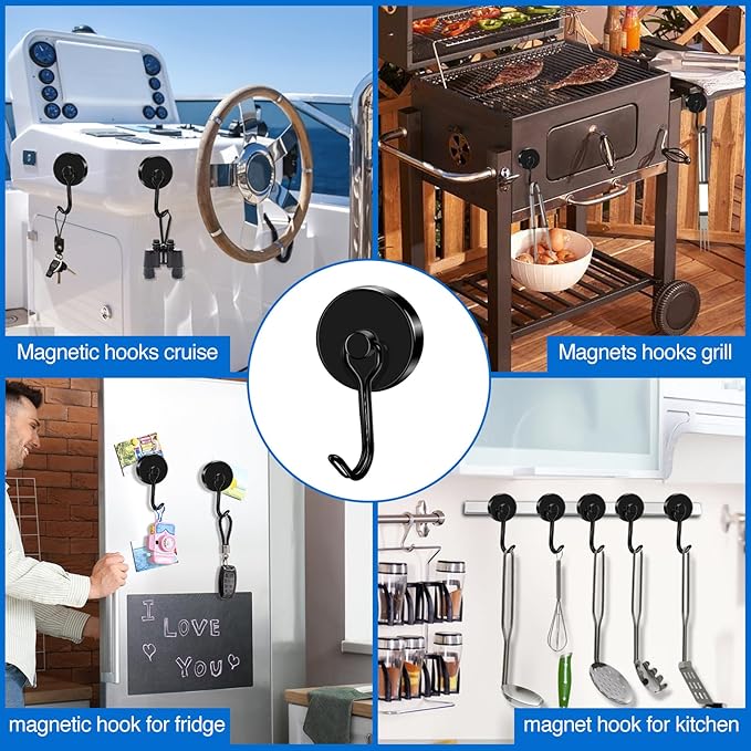 LOVIMAG Hooks, 110lbs+ Magnetic Magnet Hook 2025 Cruise Cabin Ship Essentials Heavy Duty Strong Refrigerator Fridge Hanging for Classroom Beach Vacation Kitchen Grills Home Mug Hanger (3 Pack), Black