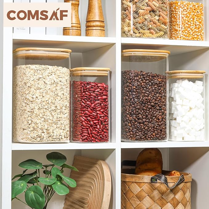 ComSaf 4.6Qt Glass Food Storage Containers, 1.2 Gallon Glass Flour and Sugar Containers with Airtight Lids, Large Square Jars with Bamboo Lids for Rice, Pasta, Oats, Grains, Cookies, Coffee Beans