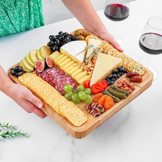 Zulay Kitchen Premium Bamboo Cheese Board Set - Extra Thick Bamboo Charcuterie Board Set with 4 Piece Knife Set - Wooden Cheese Board is Perfect for Charcuterie, Wine and Cheese (Party Set)