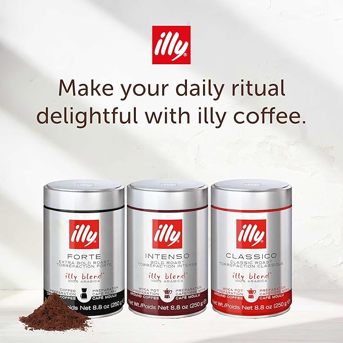 Illy Ground Moka Coffee - Classico Medium Roast - Mild & Balanced - 100% Arabica - Pre-Ground for Moka Pot - Pressurized Packaging Sealed for Freshness - 8.8oz (Pack of 6)