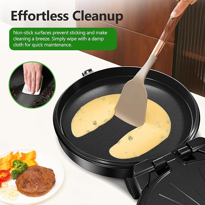 1500W Electric Griddle, 2-in-1 Indoor Griddle and Pizza Maker with 30-Min Timer and Auto Shut-Off, 12" 180° Open for BBQ, Steak, Burgers, Salmon, Veggies, and More