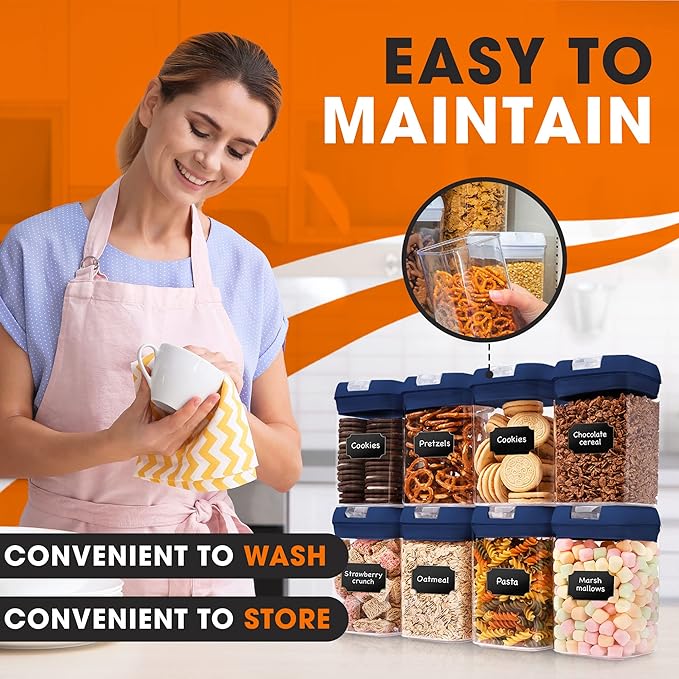 Cheer Collection Airtight Food Storage Containers, Kitchen Storage Containers for Pantry, Set of 8 Food Containers with Lids Airtight, Pantry Storage Containers & Organizers with Lids, Navy Blue