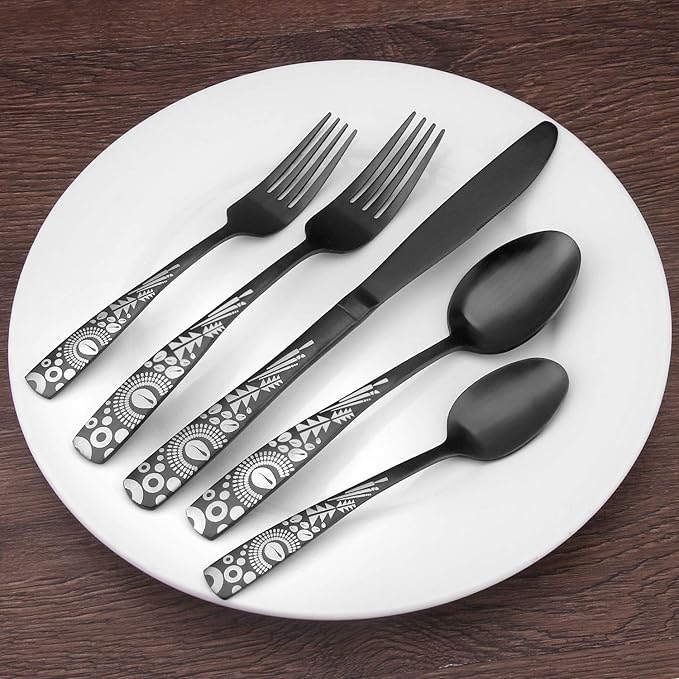 Matte Black Silverware Set, Bysta 20-Piece Stainless Steel Flatware Set, Kitchen Utensil Set Service for 4, Tableware Cutlery Set for Home and Restaurant, Satin Finish, Dishwasher Safe