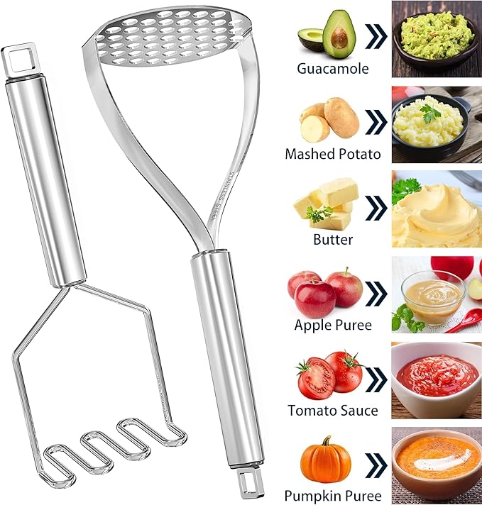 18/0 Stainless Steel Potato Mashers, 10.7-in Kitchen Masher Tool for Avocado Vegetable Sauce Butter, Heavy Duty, Dishwasher Safe, Pack of 2
