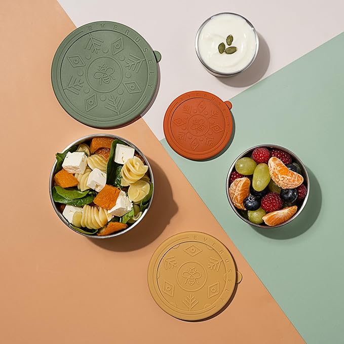 Everusely - Stainless Steel Food Containers - 3 Pack, Muted - Lunch Box - Snack Containers for Office, Home Food Storage - Leakproof with Silicone Lids - Dishwasher & Freezer Safe