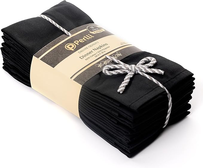 Kitchen Cloth Napkins 12 Pack 18X18 Inches Cotton Blend Soft Fabric with Hemmed Edges, Black Dinner Napkins Washable Reusable Durable Linen Napkins for Parties Table Setting Decor (Black) by PERLLI