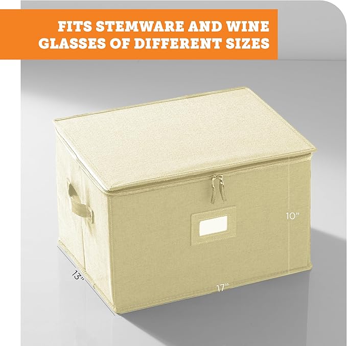 storageLAB Wine Glass Storage Containers, Hard Shell Organizer for Stemware and Glassware Sets, Stackable Wine Glass Storage Box with Dividers for Kitchen and Moving Supplies - 1 Pack, Cream