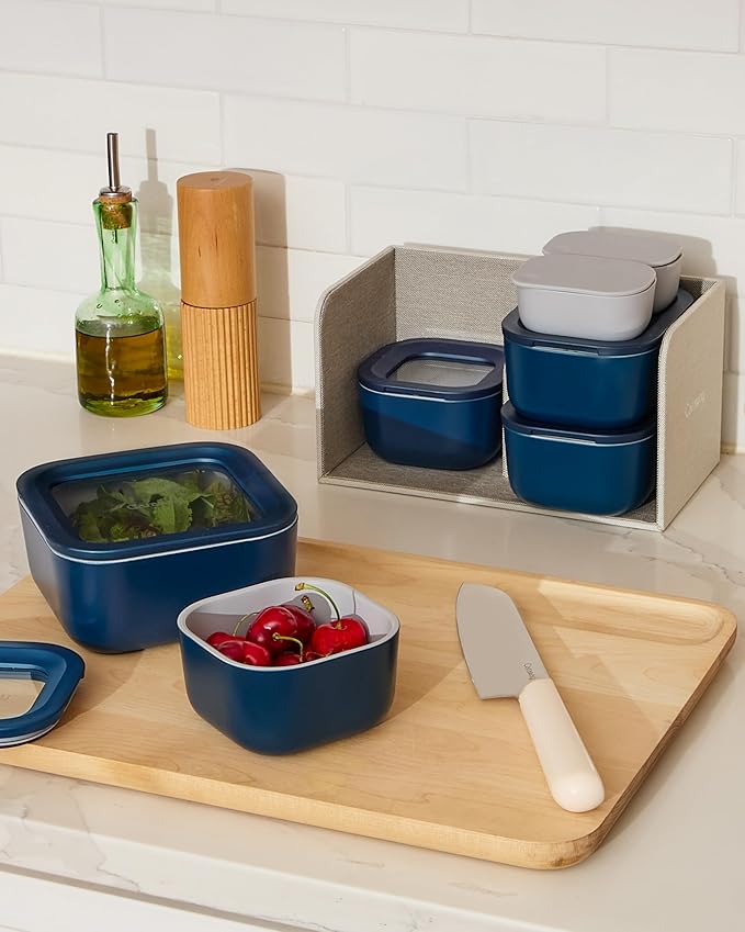 Caraway 25pc Glass Food Storage Set - Glass Storage Containers for Food - Non-Toxic Ceramic-Coated Glass - Air Release Technology - Compact & Stackable Design - Navy