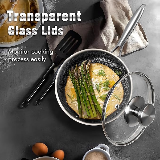 AuFranc™ Hybrid Nonstick 2 Quart Stainless Steel Saucepan with Glass Lid, Induction Sauce Pan with Honeycomb Carving, Non-stick Sauce Pot Compatible with All Cooktops, Dishwasher Safe, Non-Toxic