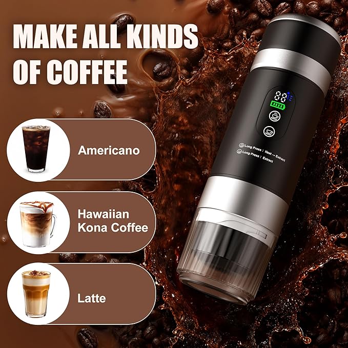 Portable Coffee Machine with 2 Removable rechargeable Batteries 15,000mAh, Electric Coffee Maker for Camping & Travel, 80ml Hot/Cold Coffee, 20bar, USB-C Espresso Machine, Camping Coffee Makers Black