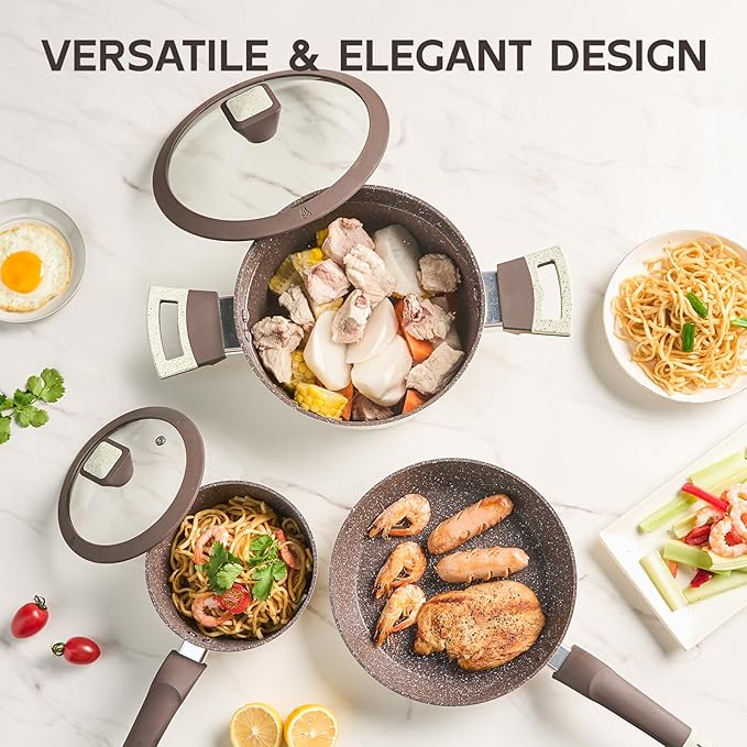 Pots and Pans Set Non Stick, 5Pcs Ceramic Cookware Set, Healthy Non-toxic Induction Cookware with Stay-Cool Handle, Basic Kitchen Utensils Set PFAS-Free