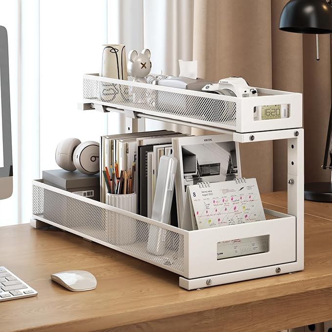 1 Pack 20.47IN Depth Under Sink Storage Organizer, Large 2-Tier Elegant Mesh Pull Out Shelf for Kitchen and Bathroom Cabinet Organization, L-Shaped and Adjustable Height Design-White