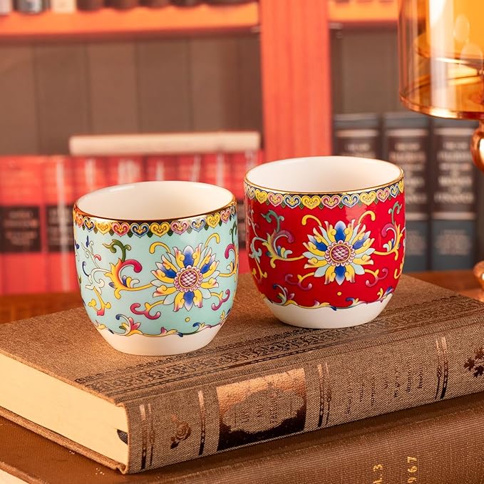KAMMAK Tea Cups Set of 2, 6.35oz Mini Ceramic & Porcelain Tea Mugs -Handleless Vintage, Non-Toxic Handcrafted Cups for Juice, Coffee, Gift(Red + Lake Blue)