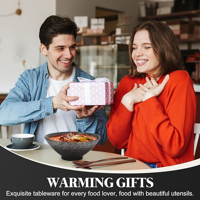 8 Inch Japanese Ramen Bowl Set, Ceramic Pho Bowls and Spoons Set of 2 with Chopsticks and Spoon for Ramen Soup Pho Udon Asian Noodles, Black