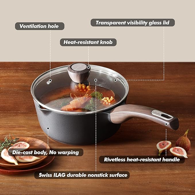 SENSARTE Nonstick Sauce Pan with Lid, 1.5 Quart Small Saucepan, Multipurpose Cooking Pot with Stay Cool Handle, Non toxic Kitchen Sauce Pot, Non stick Saucier Pan, Induction Comptable, PFOA Free