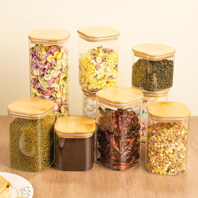 37 oz Glass Food Storage Jars - Set of 6 Glass Canister Sets Square Pantry Storage Containers with Lids for Serving Tea, Coffee, Flour, Sugar, Candy, Cookie, Spice and More