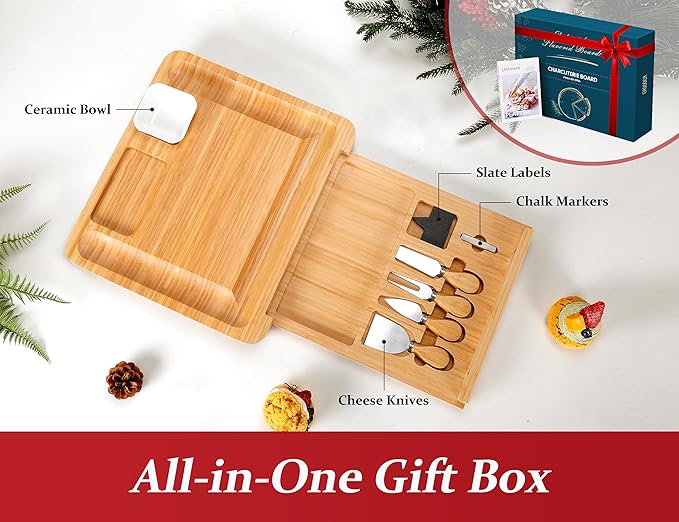 Easoger Cheese Board, Large Charcuterie Board Set, Bamboo Serving Platter, 4 Serving Knives and Utensils - House Warming Gifts, Wedding Gifts for Couples, Birthday Gift for Women or Men