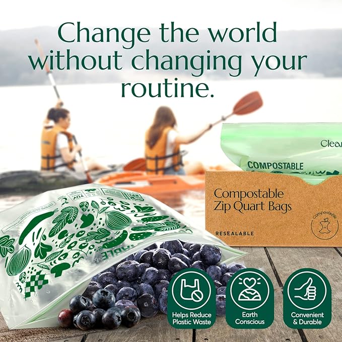 Cleanomic Compostable* Quart Size Food Storage Bags (25 Eco Zip) Freezer and Leak Proof, Also Available Gallon, Snack and Sandwich Size Bags