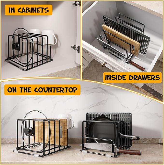 2 Pack Cutting Board Organizer and Pot Lid Holder, Kitchen Cabinet Organizer Rack with 7 & 5 Compartments, Heavy-Duty Iron Baking Sheet Pan Organizer with Non-Slip Base, Space-Saving Kitchen Storage
