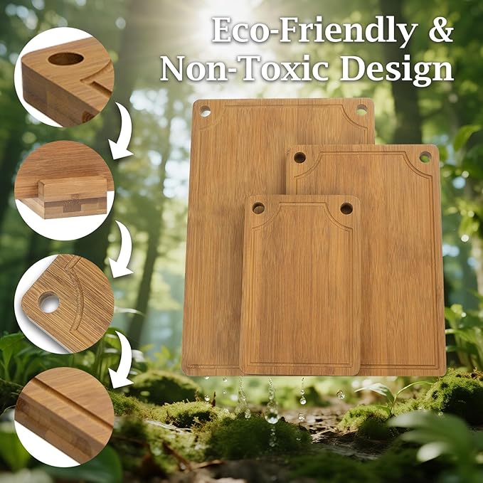 ICEDOG-3-Piece Bamboo Cutting Board Set - Reversible with Juice Groove, Non-Slip Pads - for Meat, Vegetables, Cheese - Pre-Oiled Natural Wood - Kitchen Gift (Brown)