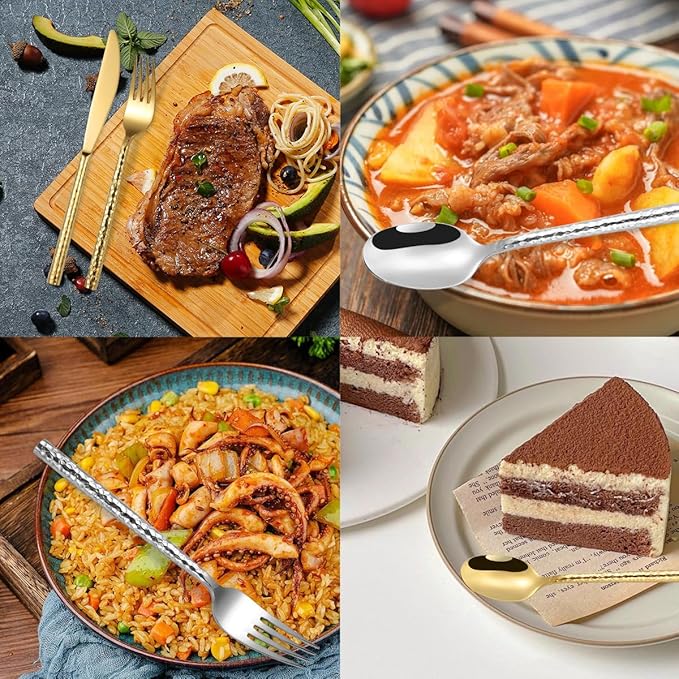 30-Piece Gold Hammered Silverware Flatware Cutlery Set Service for 6,304 Thickened Stainless Steel Cutlery Knife,Fork and Spoon Set,Dishwasher Safe,Gift Package for Wedding Housewarming