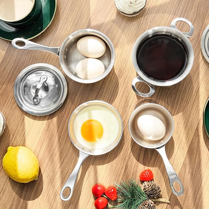 Macevia Mini Sauce Pan with Lid,Stainless Steel Butter Warmer Small Pot, For All Stoves Multipurpose Use for Home Kitchen or Restaurant (10.8oz/320ml) - Silver