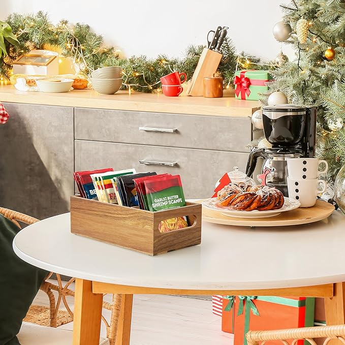 DRASTAR Pantry Organization and Storage Bins, Seasoning Packet Organizer with Removable Dividers,Wooden Storage Caddy for Kitchen, Pantry, Cabinet, Countertop, Acacia