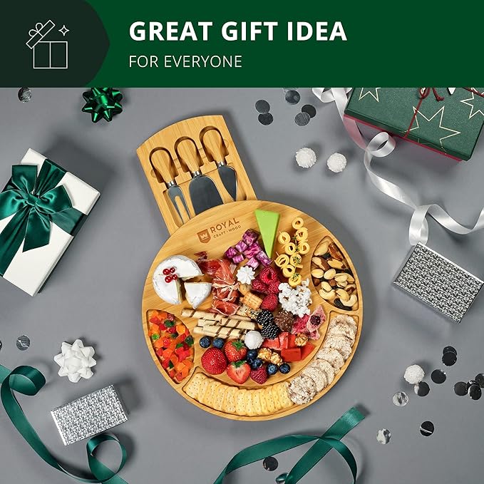 ROYAL CRAFT WOOD Bamboo Cheese Large Round Board and Knife Set with Charcuterie Board & Serving Tray Non - Expandable