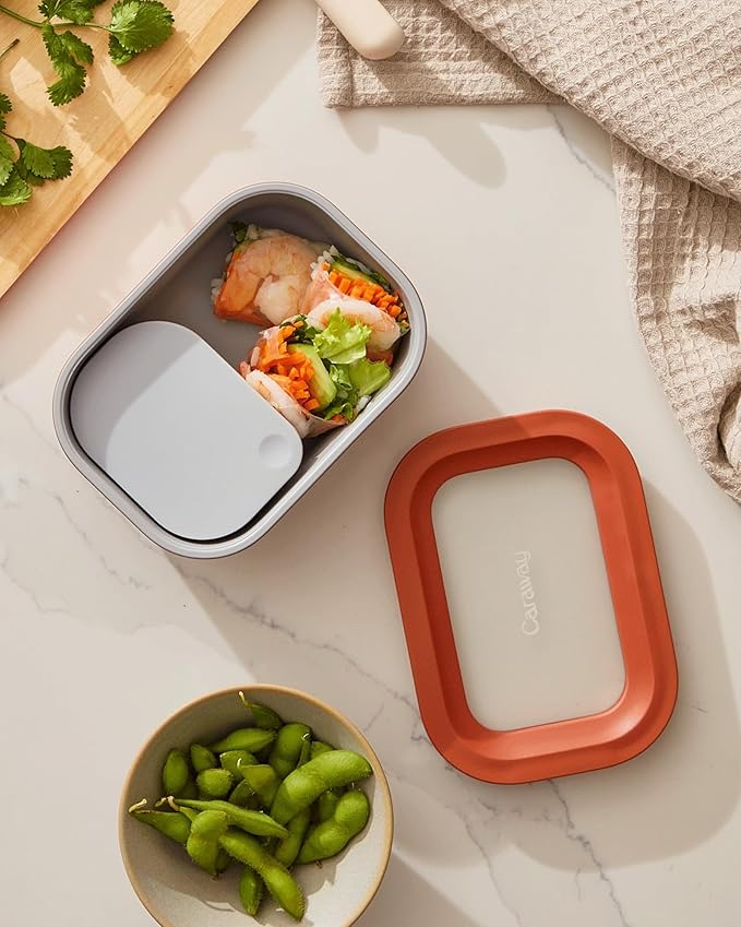 Caraway 6pc Glass Food Storage Set - 2.6 Cup Storage Containers For Food (6) - Non-Toxic Ceramic-Coated Glass - Air Release Technology - Compact & Stackable Design - Mist