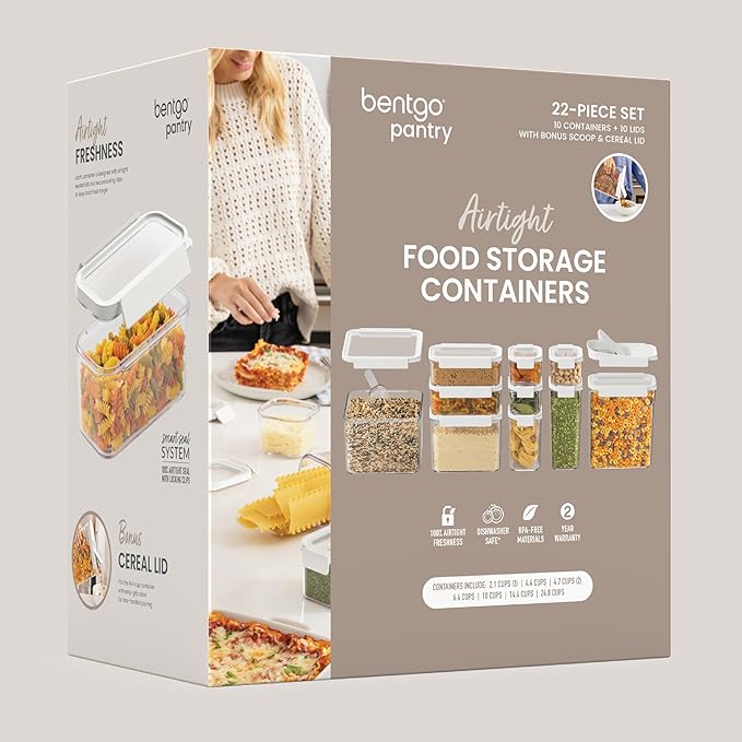 Bentgo Pantry - 22-Piece Airtight Food Storage Containers, Clear and Stackable Kitchen and Pantry Organization Set, Locking Lids for Freshness, Bonus Cereal Lid & Scoop, BPA-Free Plastic (Snow)
