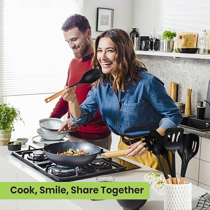 Large Silicone Cooking Utensils Set 7 Pcs, Wooden Handles Heat Resistant Spatula Set, Food Grade Silicone Kitchen Utensils Set with Holder, Gadgets BPA Free for Non-Stick Cookware