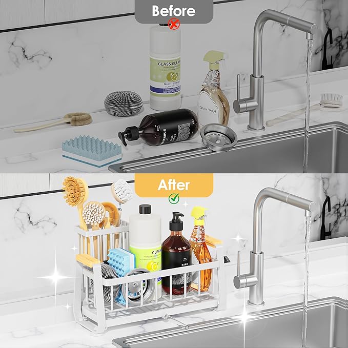 Doasuwish Kitchen Sink Caddy with High Brush Holder,Self-Draining kitchen Countertop Organizer,Rustproof 304 Stainless Steel,Non-Slip Stability High Storage Sponge Holder for Kitchen Sink White