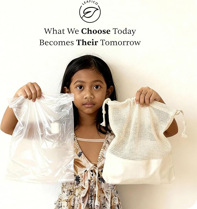 LEAFICO Reusable Produce Bags – 100% Cotton Mesh & Solid Hybrid (Small 8x10 inch 6 Pcs) – Cloth Grocery Bags for Garlic, Nuts, Onions, Bulk Snacks – Washable, Plastic-Free, Breathable, Zero Waste