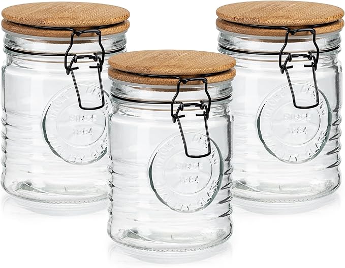 kitchentoolz Glass Storage Jars with Airtight Lids - Set of 3 Mason Storage Containers for Cereal, Coffee & Rice - 23 Ounce Pantry Organizing Canister Set