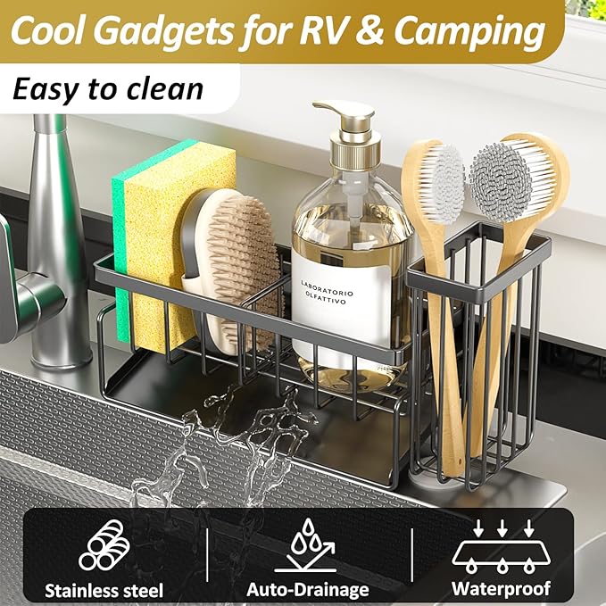 Sponge Holder & Sink Caddy Organizer - Rustproof Kitchen Sink Organizer with High Brush Holder - Kitchen Essentials Countertop Storage for Sponges, Scrubbers (Space Grey)