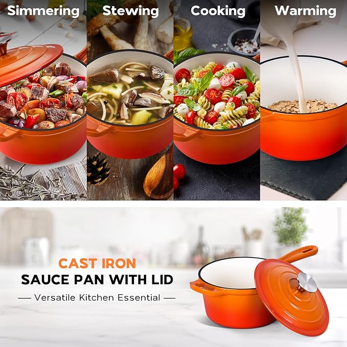 Onader 2 Quart Saucepan with Lid, Enameled Cast Iron Sauce Pan, Small Cooking Sauce Pot, Enamel Dutch Oven Pot Nonstick – Sunset Orange