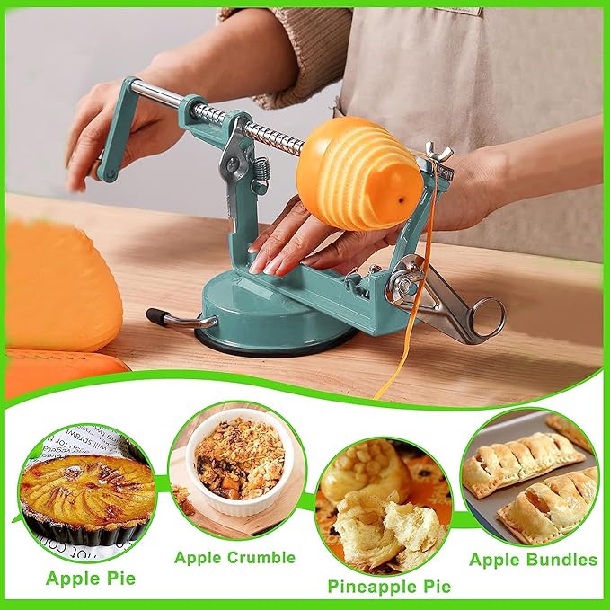 Apple Peeler Corer, Long lasting Chrome Cast Magnesium Alloy Apple Peeler Slicer Corer with Stainless Steel Blades and Powerful Suction Base for Apples and Potato(DeepGreen)