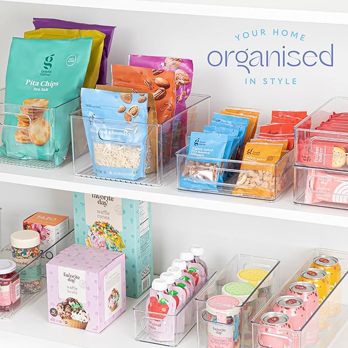 Plastic Food Storage Clear Container Bin with Handles for Organizing Kitchen, Pantry, Refrigerator, Freezer, Pantry, Cabinet, Closet, Bathroom. 10"X4"3"