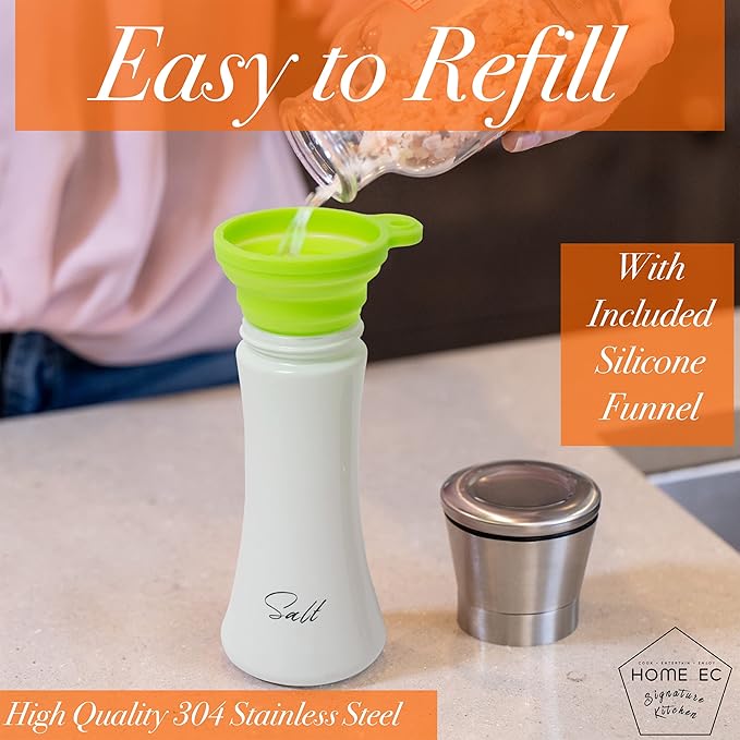 HOME EC Stainless Steel Salt and Pepper Grinder Set of 2 - Adjustable Ceramic Sea Salt Grinder & Pepper Grinder - Glass Salt and Pepper Shakers - Pepper Mill & Salt Mill W/Funnel - Black and White