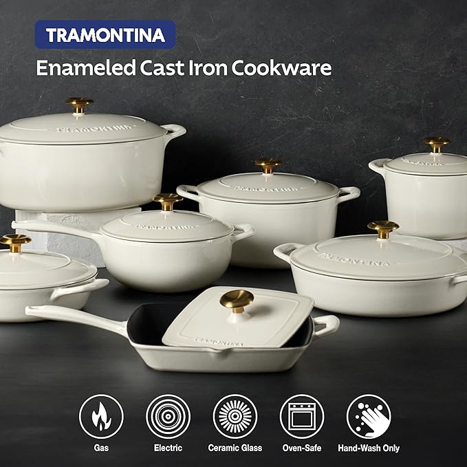 Tramontina Bestow Enameled Cast Iron Saucier Pan with Lid, 3-quart, Latte with Gold Knob
