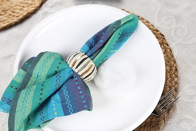 Multi Color Cotton Hemstich Napkin, Decorative Cocktail Machine Washable Dinner Napkin with Mitered Corner for Wedding Christmas Everyday Use - Pack of 12-18x18 Inch - Green Blue Multi