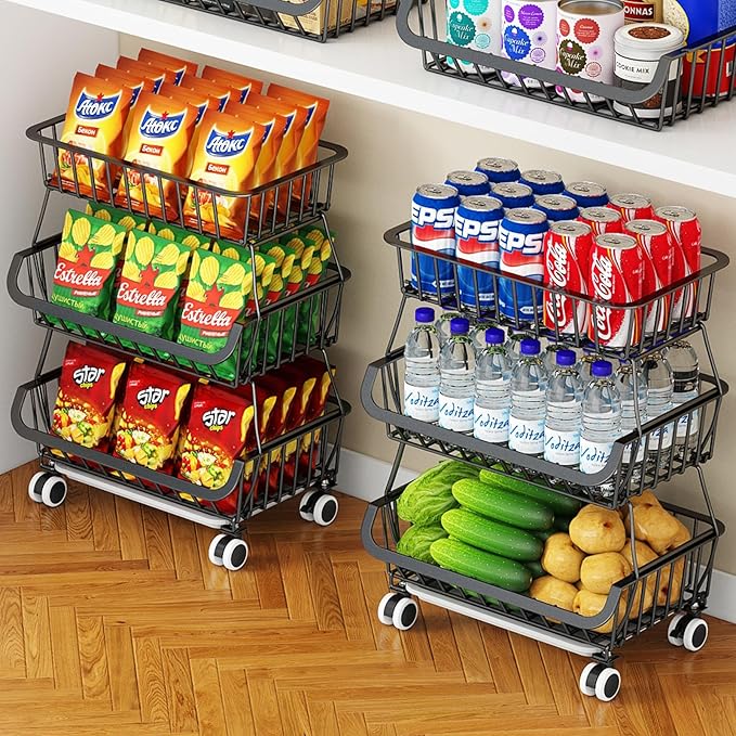 Miyawell 3-Tier Rolling Pantry Cart with Wheels, Stackable Wire Storage Floor Organizer for Kitchen Pantry Snack Shelves, Fruit Basket Stand, Vegetable Storage Rack for Food Snacks Onion Potato